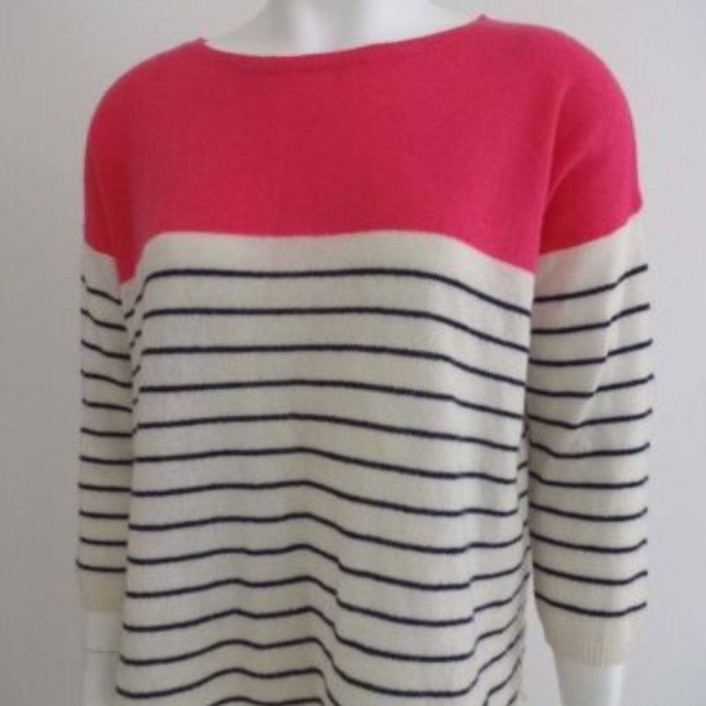 360 CASHMERE PINK WHITE STRIPE 3/4 SLEEVE BOAT NECK SWEATER L NWT